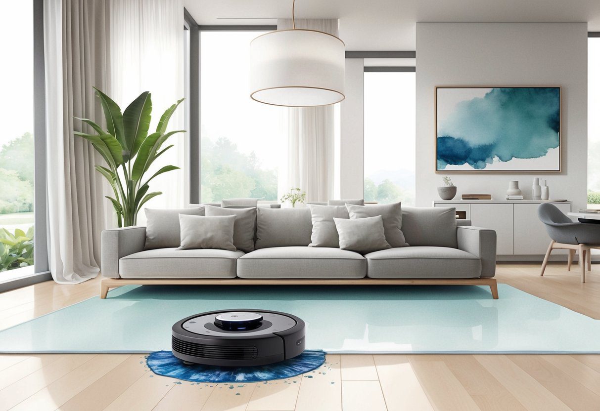 Un aspirateur robot Roomba Combo j5+ aspirant et nettoyant un sol propre dans un salon moderne