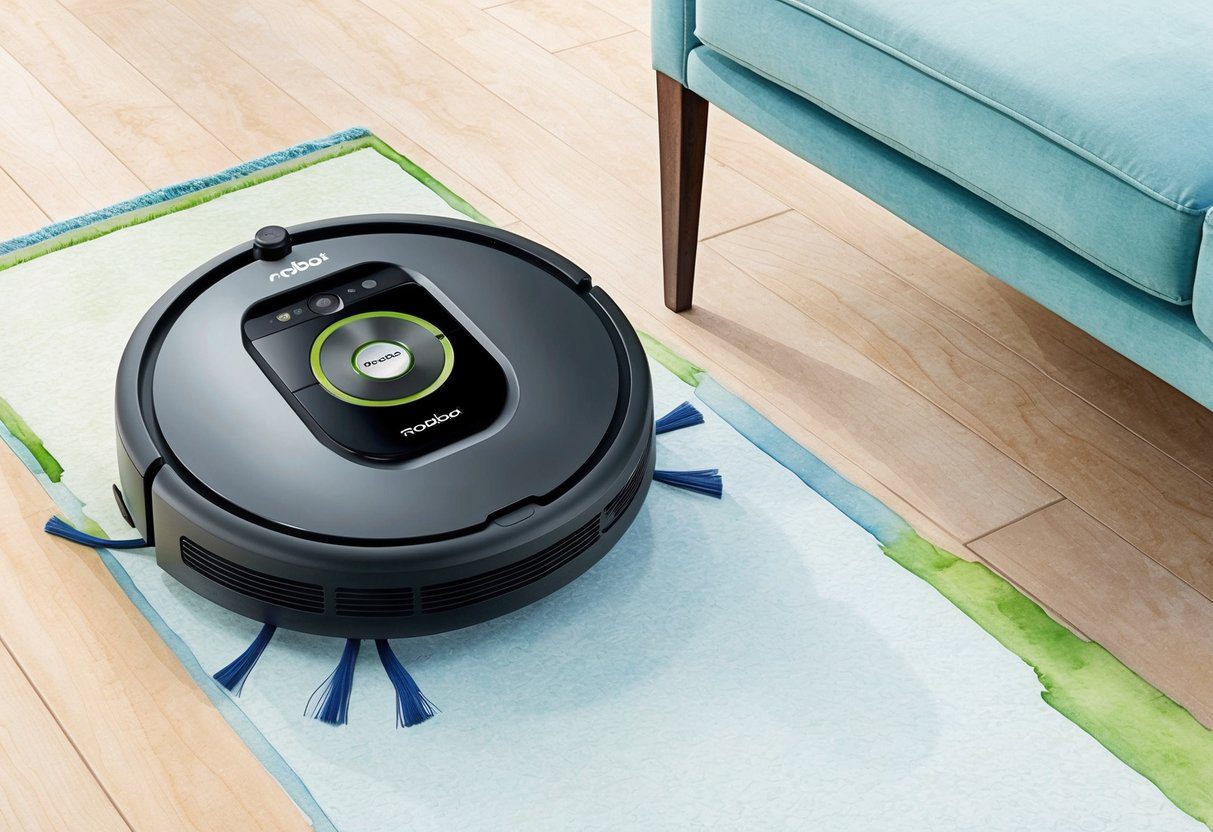 Un élégant robot aspirateur et nettoyeur iRobot Roomba Combo j5+ en action, naviguant et nettoyant sans effort différentes surfaces de sol.