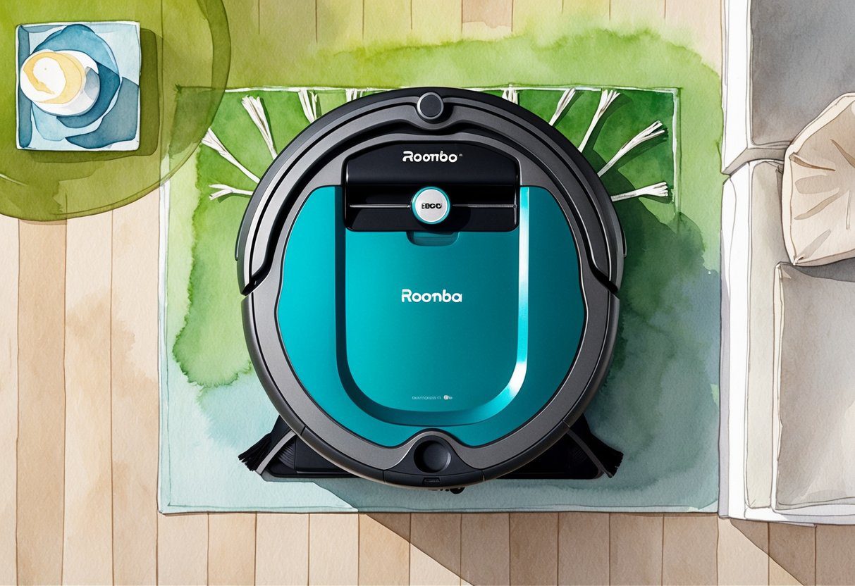 Une vue de dessus du robot aspirateur et mop Roomba Combo j9+ en action, naviguant et nettoyant une pièce avec précision et efficacité.