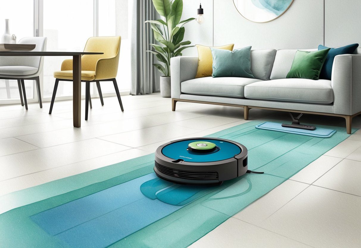 Un aspirateur et nettoyeur robot Roomba Combo j9+ en action, naviguant et nettoyant une variété de surfaces dans un cadre moderne.