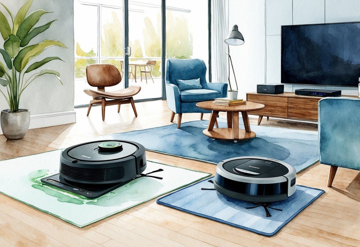 Un robot aspirateur et nettoyeur Roomba Combo j9+ en action, naviguant et nettoyant un salon moderne avec des meubles et des appareils électroniques.