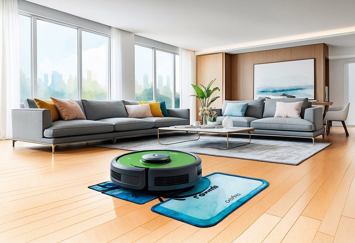 Un robot aspirateur et moppe Roomba Combo j5+ en action, naviguant et nettoyant sans effort un salon moderne.