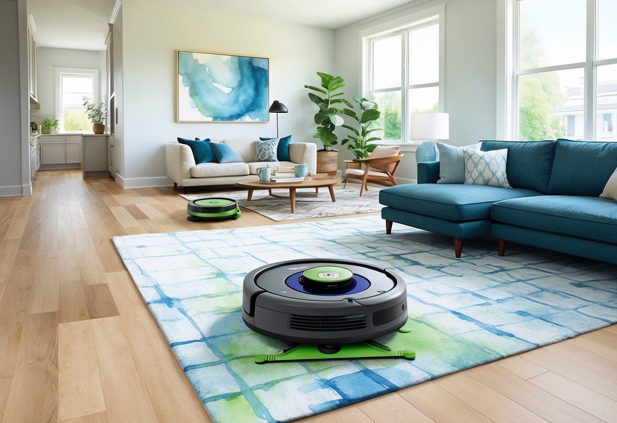 Un robot aspirateur et mop Roomba Combo j9+ en action, nettoyant et naviguant à travers un salon dégagé avec un mélange de sols durs et de tapis.