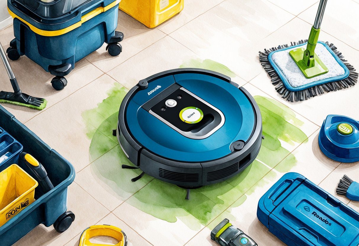 Un robot aspirateur et mop Roomba Combo j5+ en action sur un sol propre, entouré de divers accessoires de nettoyage et outils d'entretien.