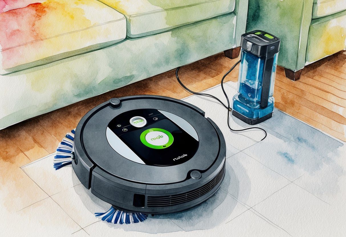 Un robot aspirateur et mop Roomba Combo j9+ effectue de manière autonome un test complet et une recharge.