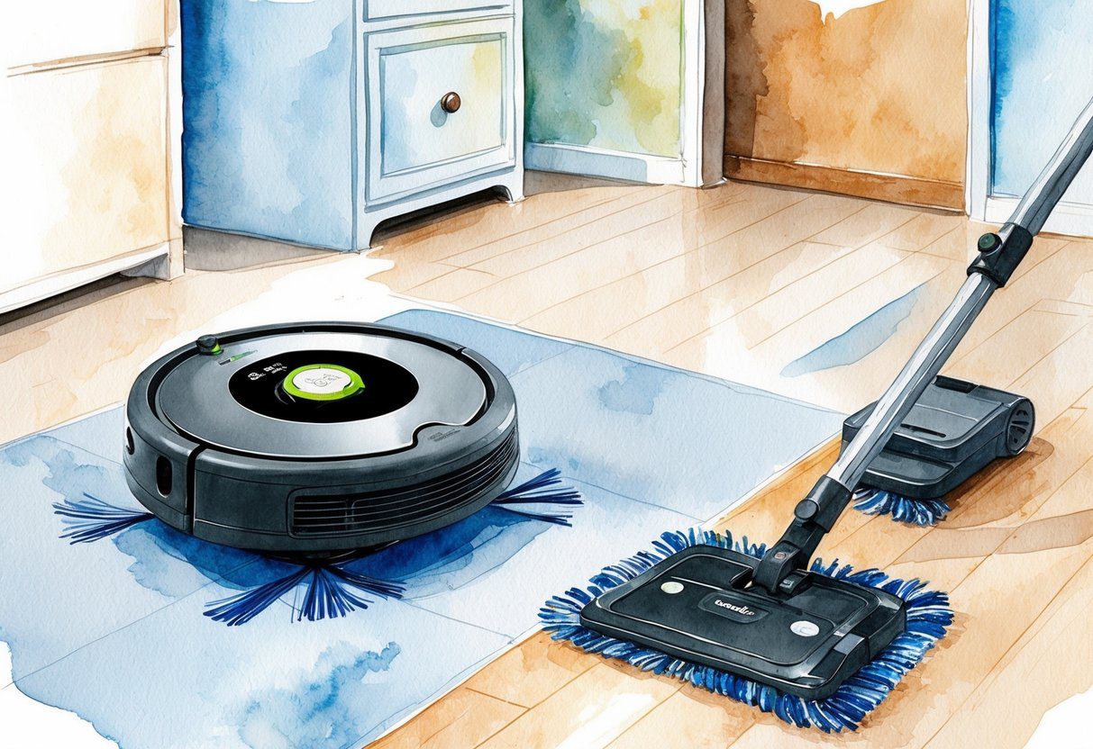 Un aspirateur et moppe robot Roomba Combo j5+ en action, nettoyant une pièce avec diverses surfaces et obstacles.