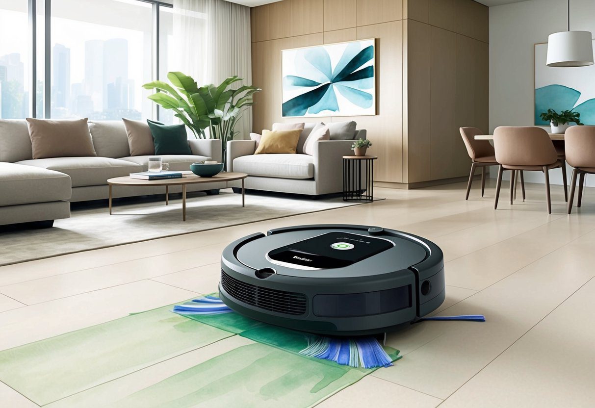 Un salon moderne avec l'aspirateur robot et mop iRobot Roomba Combo j9+ en action, nettoyant le sol avec précision et efficacité