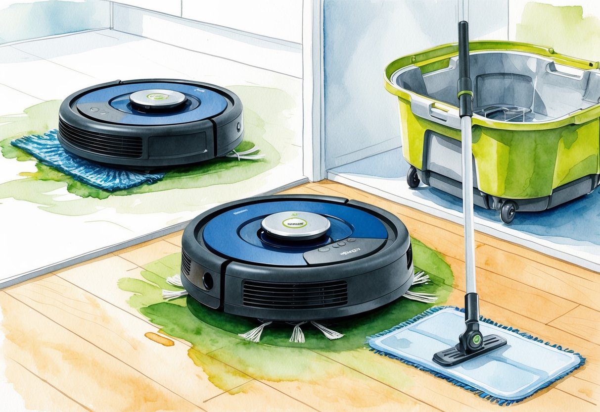 Un système d'aspirateur et de moppe robot Roomba Combo j5+ en cours de test dans un environnement propre et sans encombrement, avec un accent sur le processus de vidange et de nettoyage