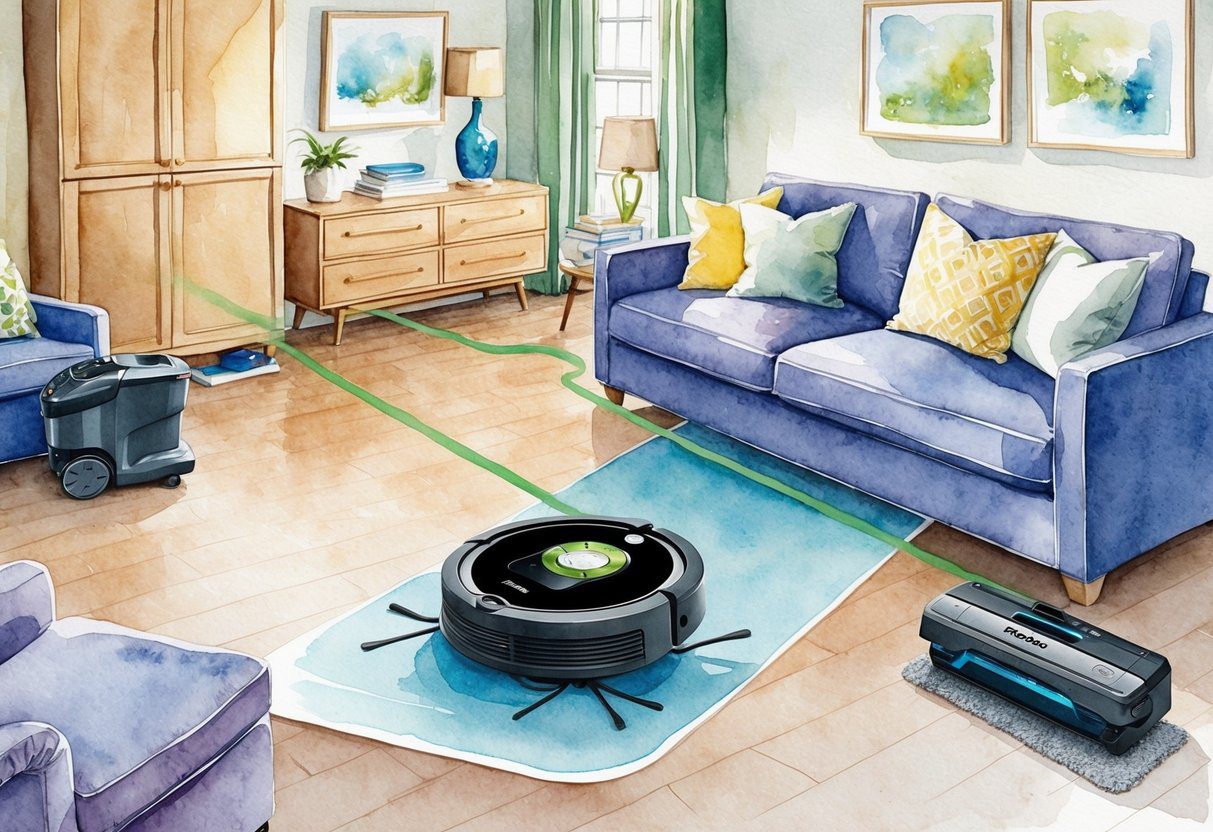 L'aspirateur et moppe robot Roomba Combo j9+ navigue dans une pièce encombrée, cartographiant son chemin avec précision.