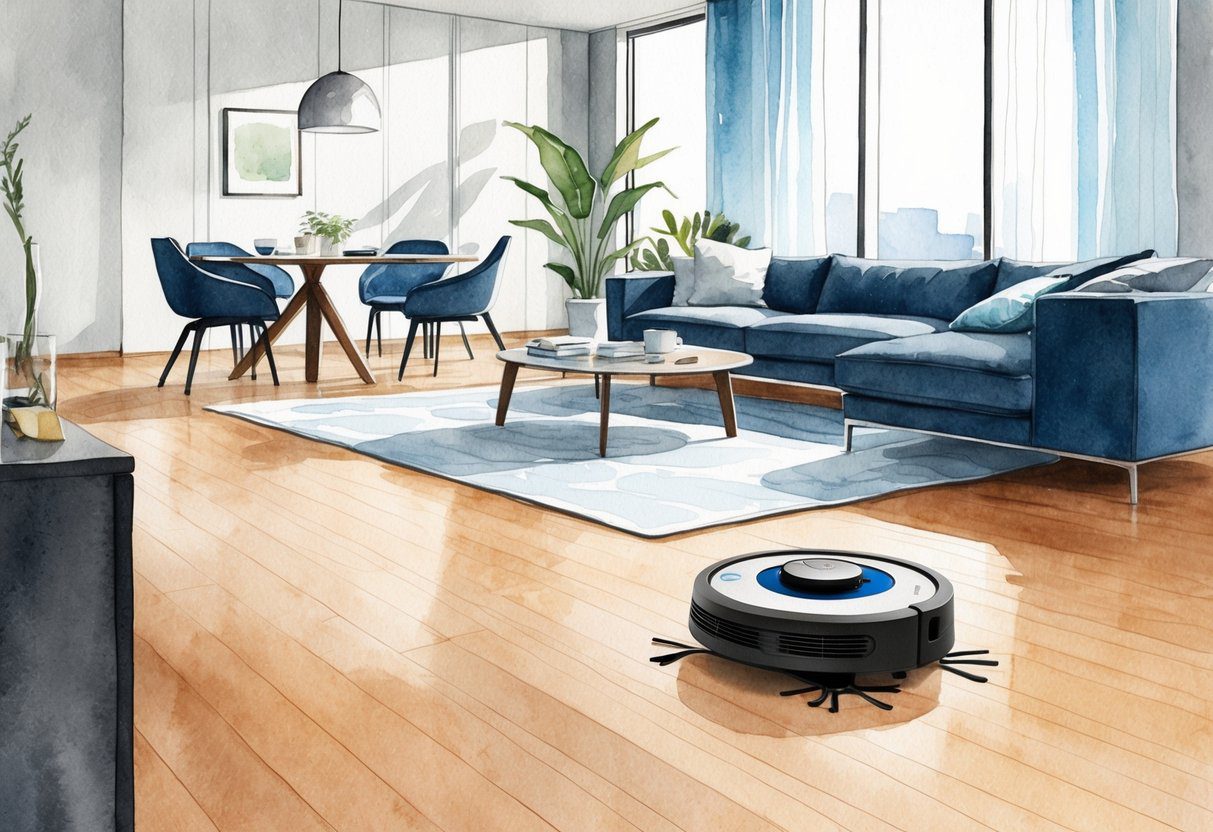 Un robot aspirateur et nettoyeur Roomba Combo j5+ dans un salon moderne et dégagé avec des meubles élégants et des sols en bois franc.