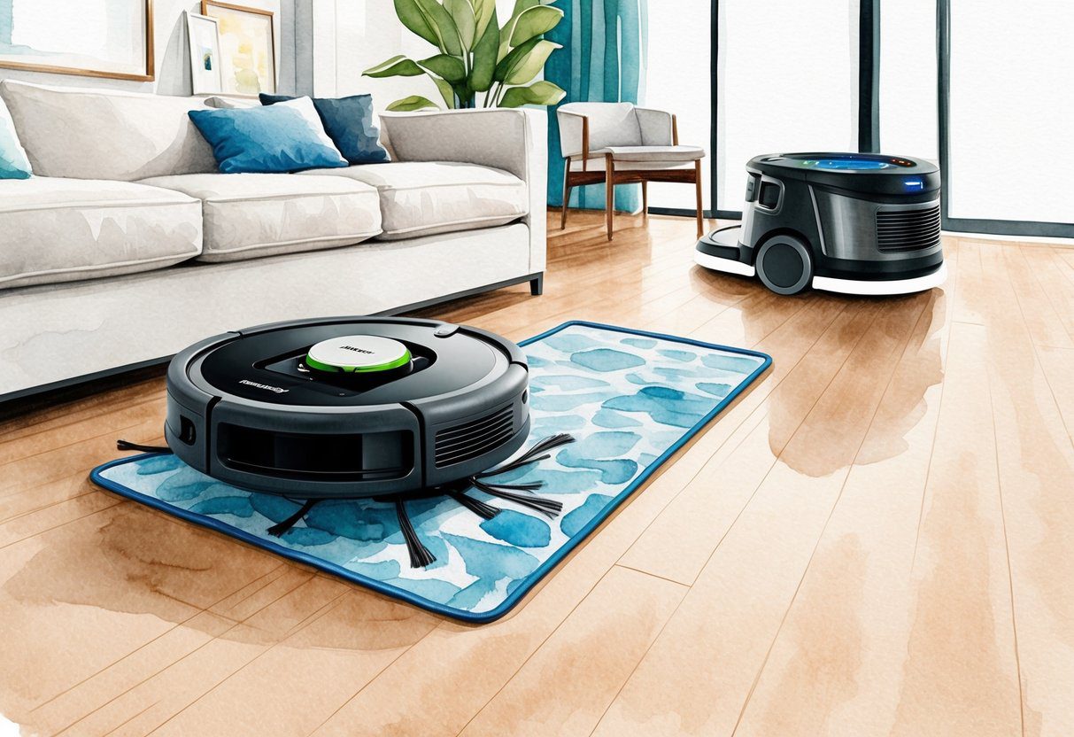 Un aspirateur et moppe robot Roomba Combo j9+ en action, naviguant et nettoyant une variété de surfaces dans un cadre domestique moderne.