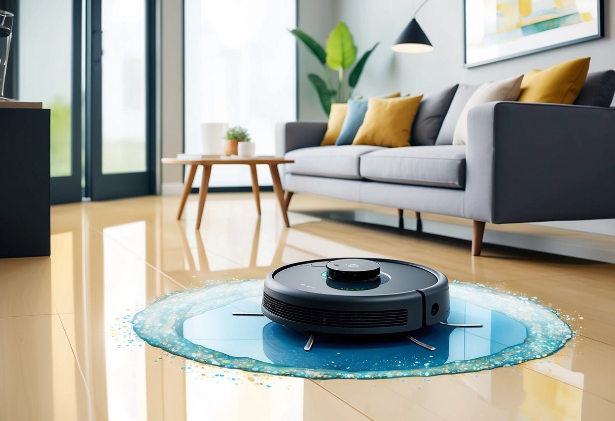 Un robot aspirateur-laveur Roomba Combo j5+ nettoyant un sol propre et brillant dans un salon moderne