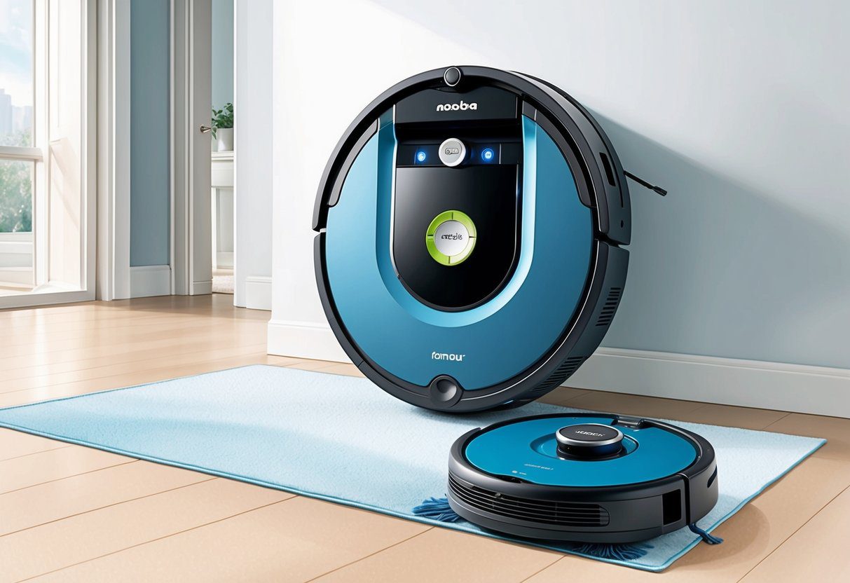 Un robot aspirateur et balai moderne Roomba Combo j9+ dans une pièce propre et bien éclairée, avec un design élégant et une technologie avancée.