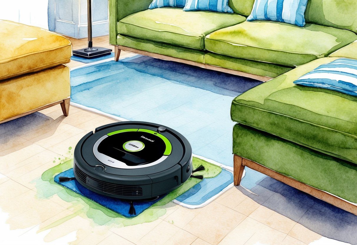 Un aspirateur et moppe robot Roomba Combo j5+ en action, nettoyant et naviguant autour des meubles dans un salon.