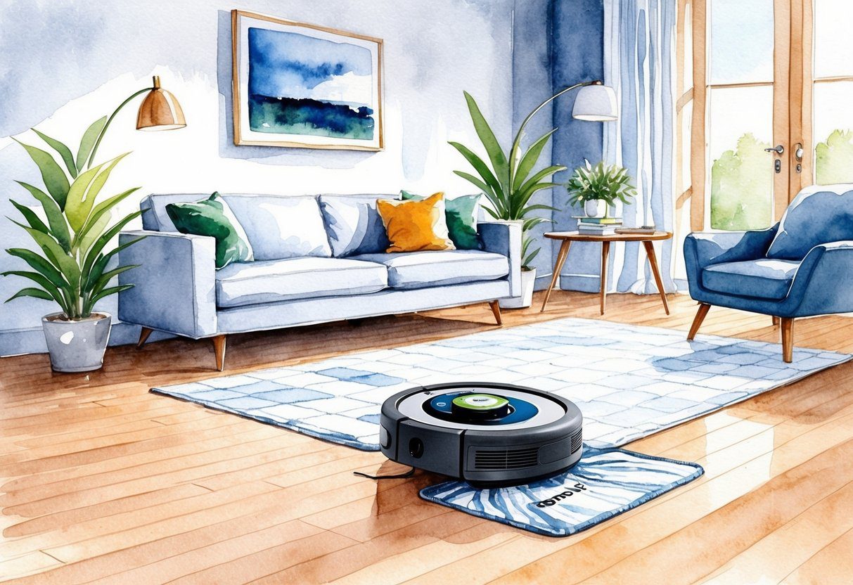 Un salon propre et bien rangé avec le robot aspirateur et laveur Roomba Combo j9+ aspirant et nettoyant le sol simultanément