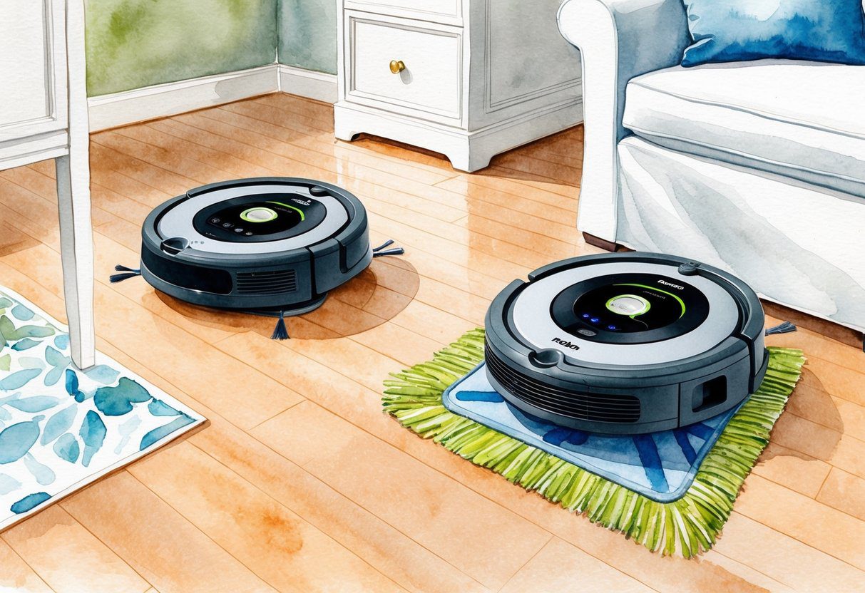 Un robot aspirateur et serpillère Roomba Combo j9+ en action, naviguant dans une pièce et nettoyant diverses surfaces avec précision et efficacité.