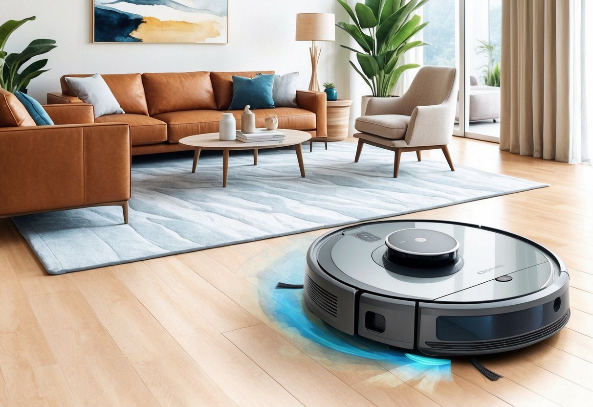 L'aspirateur robot Cyclonia Avis nettoyant diverses surfaces dans un salon moderne