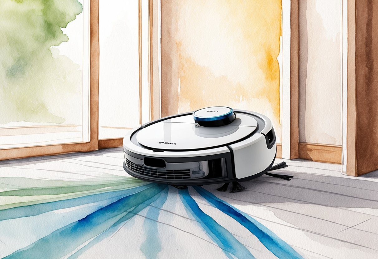 Un robot aspirateur Cyclonia en action, naviguant et nettoyant une pièce avec un bruit minimal.