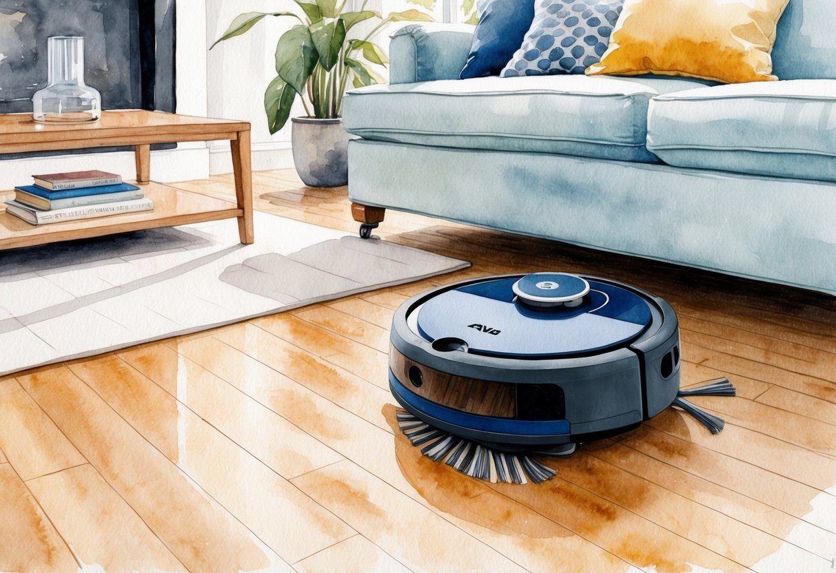 Un aspirateur robot (Avis aspirateur robot litroux) nettoyant le sol d'un salon