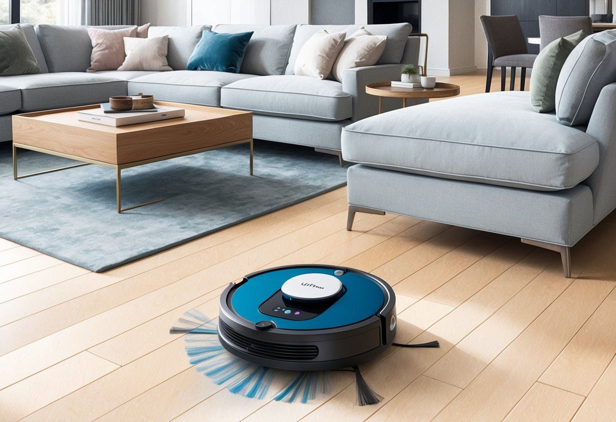 Un robot aspirateur Litroux en action, naviguant autour des meubles et nettoyant le sol dans un salon moderne