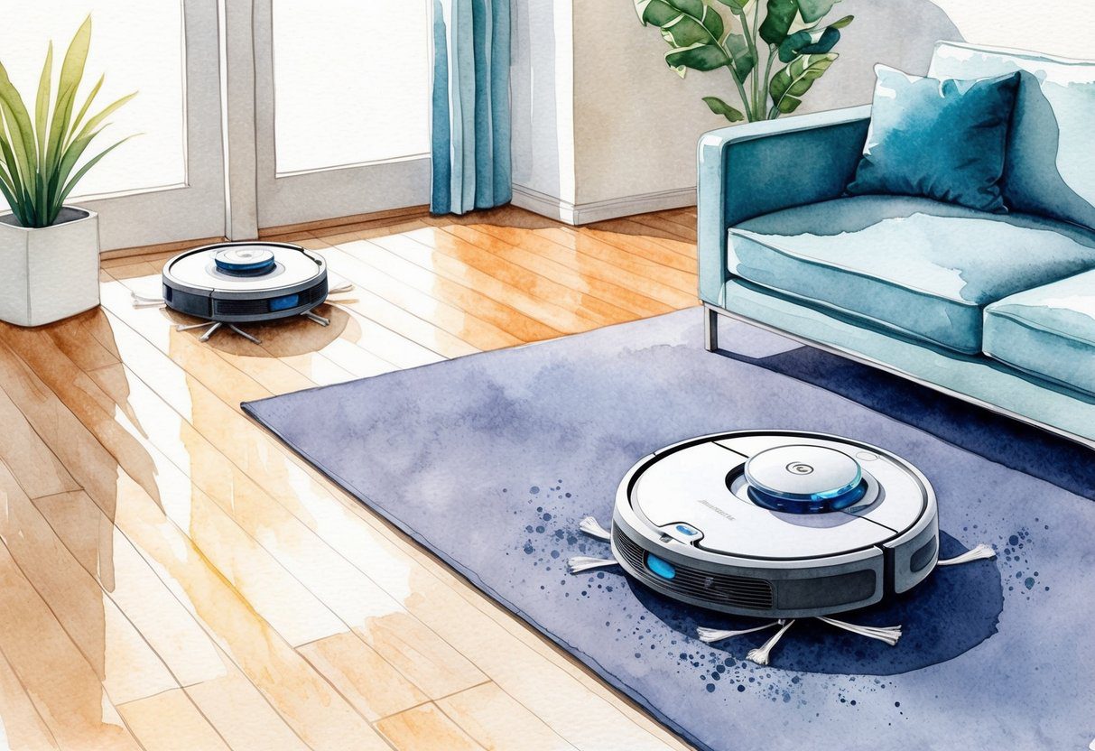 Un robot aspirateur nettoyant diverses surfaces dans une maison moderne, y compris les sols en bois franc et les zones moquettées.