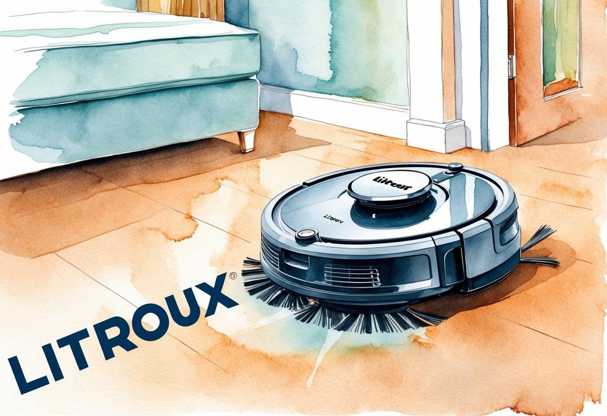 Un robot aspirateur nettoyant une pièce, avec la marque "Litroux" affichée en évidence