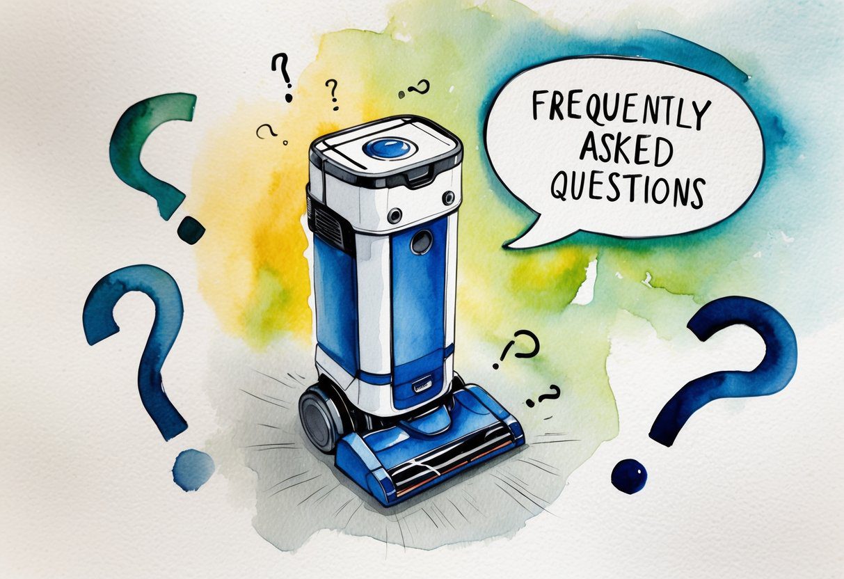 Une illustration d'un aspirateur robot entouré de points d'interrogation et d'une bulle de dialogue avec les mots "Questions Fréquemment Posées Avis aspirateur robot litroux"