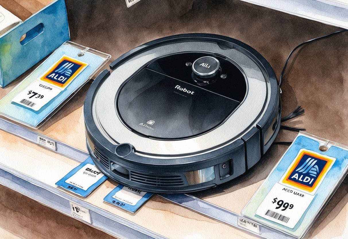 Un aspirateur robot sur une étagère dans un magasin Aldi, entouré d'étiquettes de prix et accessible aux clients