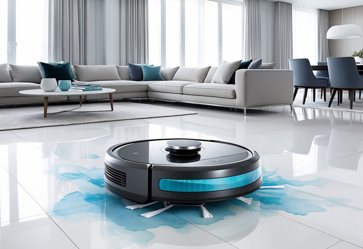 Un robot aspirateur et mop moderne et élégant, l'EZICLEAN Aqua Connect x850, navigue sans effort dans un salon propre et spacieux, laissant derrière lui des sols étincelants.