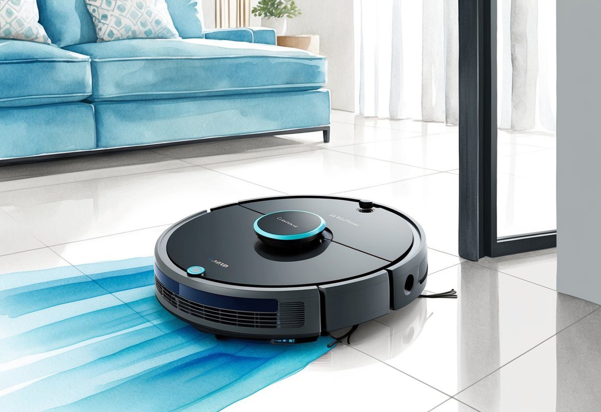 Un élégant robot aspirateur et nettoyeur EZICLEAN Aqua Connect x850 nettoyant et lavant le sol tout en étant connecté à des technologies de navigation et de nettoyage.