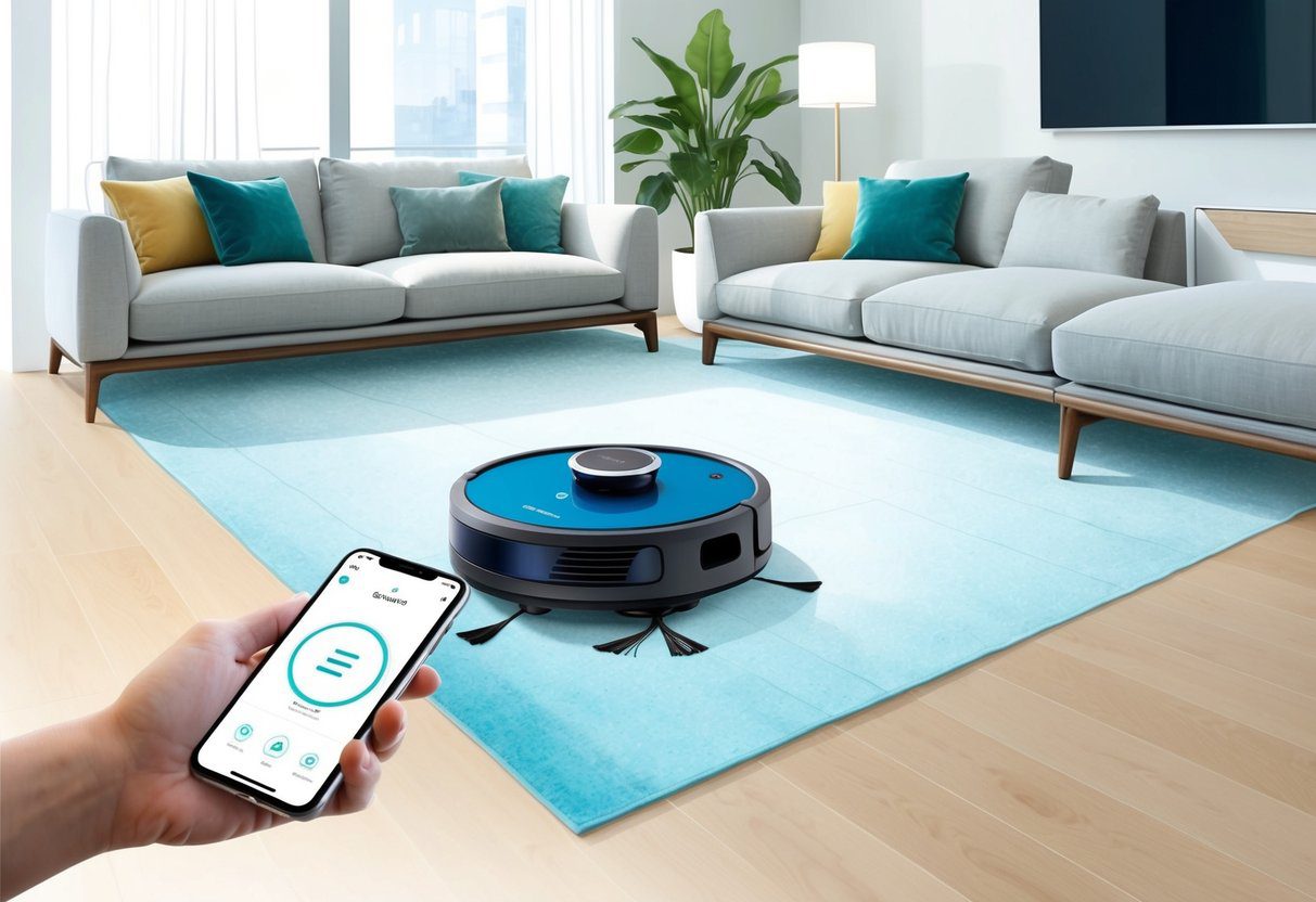 Un robot aspirateur et nettoyeur EZICLEAN Aqua Connect x850 élégant, connecté à un smartphone, dans un salon moderne.