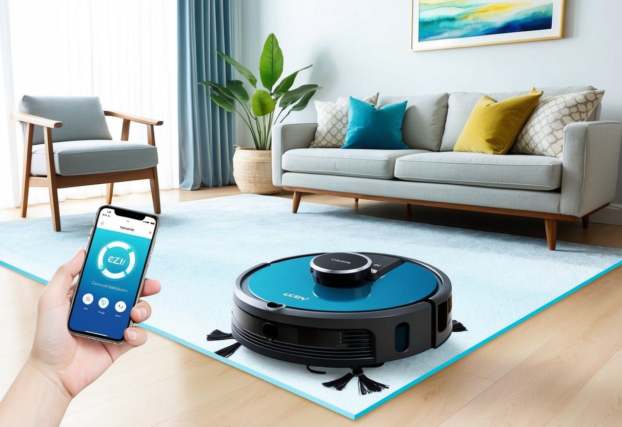 L'aspirateur et nettoyeur robot EZICLEAN Aqua Connect x850 nettoie efficacement un salon tout en étant connecté à une application pour smartphone pour le contrôle et la surveillance de l'utilisateur.