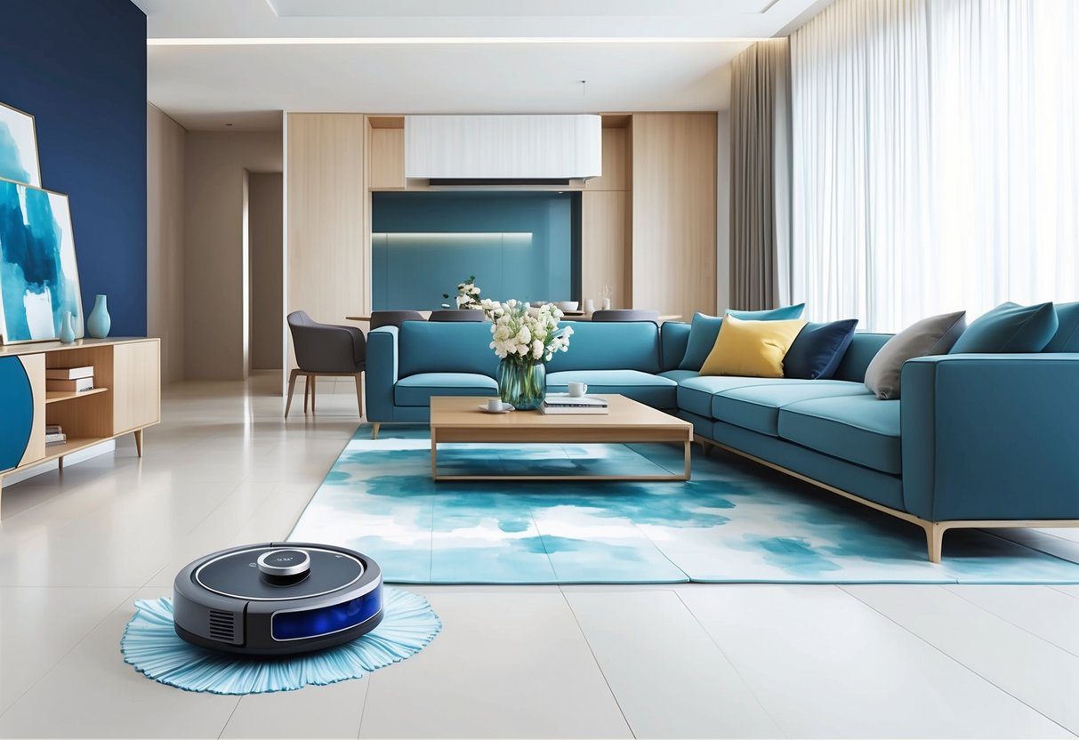 Un salon moderne avec le robot aspirateur laveur EZICLEAN Aqua Connect x850 en action, nettoyant et lavant le sol tout en étant connecté à un smartphone.