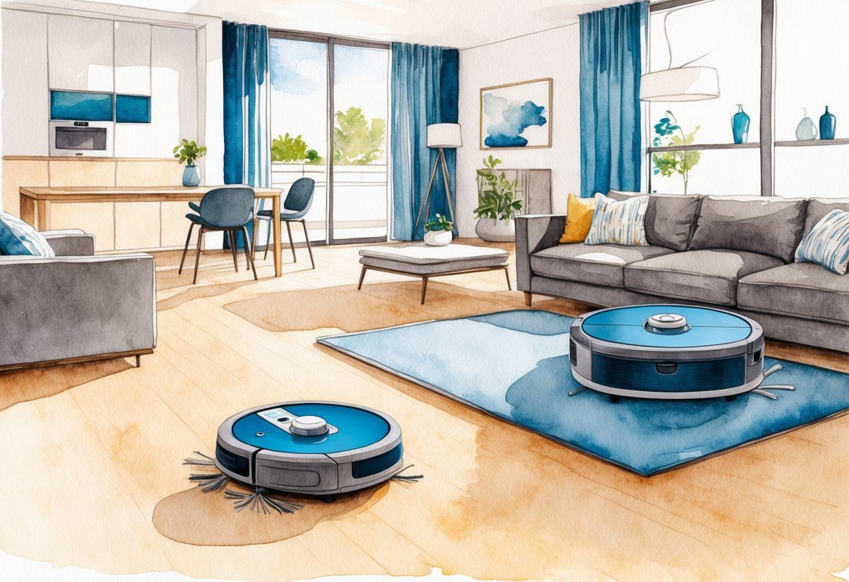 Un robot aspirateur nettoyant diverses surfaces dans une maison moderne