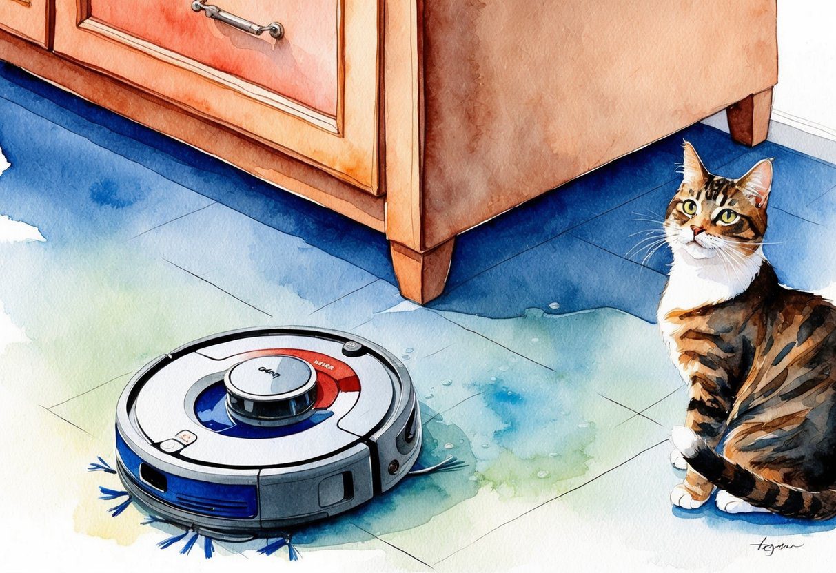 Un robot aspirateur nettoie pendant qu'un chat regarde.