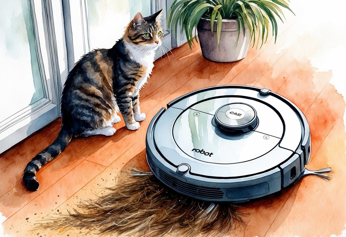 Un aspirateur robot nettoyant les poils d'animaux pendant qu'un chat regarde.