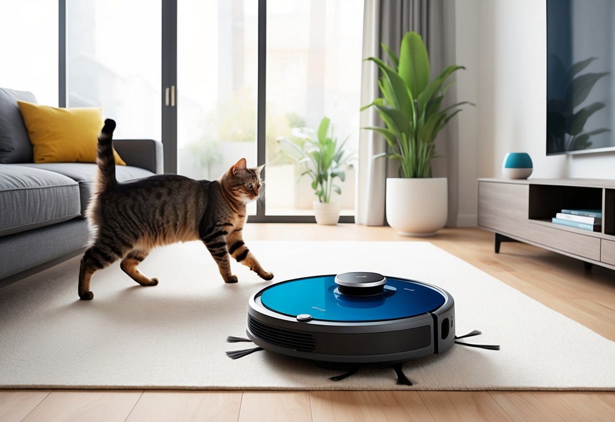 Un aspirateur robot naviguant autour d'un chat joueur dans un salon moderne