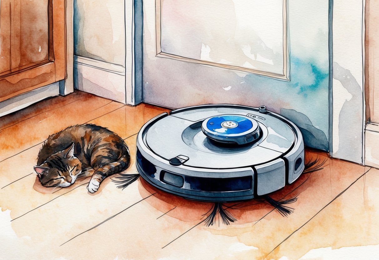 Un robot aspirateur nettoyant autour d'un chat endormi