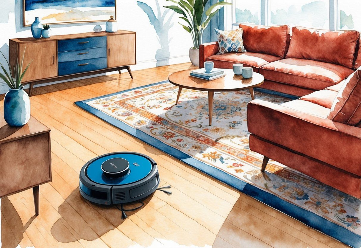 Un robot aspirateur nettoyant le sol d'un salon avec des meubles et un tapis