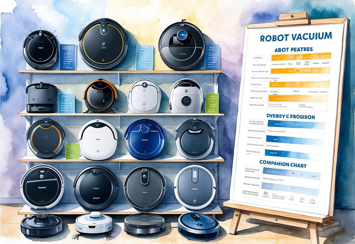 Quel est le meilleur aspirateur robot aujourd'hui ? Comparatif des modèles haut de gamme 2025 3 Une gamme de modèles d'aspirateurs robots exposés sur des étagères, avec diverses caractéristiques mises en avant et des tableaux de comparaison à proximité.