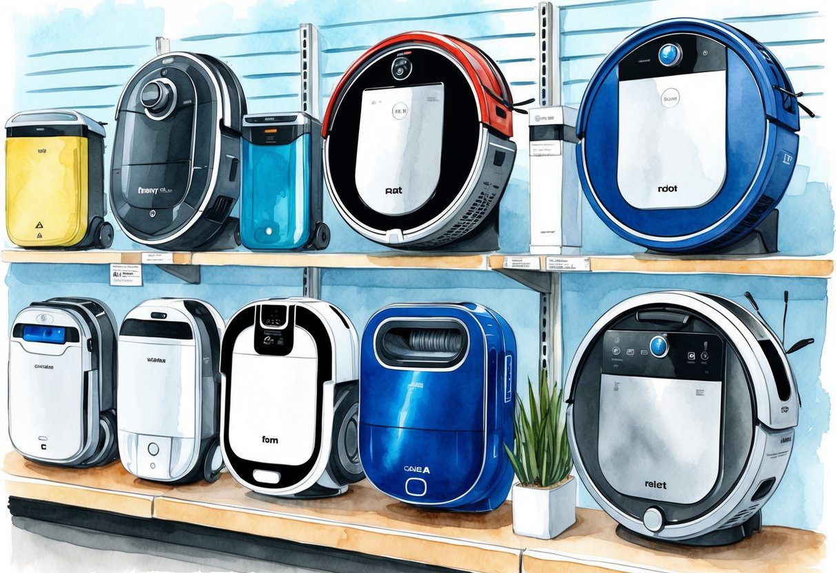 Quel est le meilleur aspirateur robot aujourd'hui ? Comparatif des modèles haut de gamme 2025 8 Une variété de modèles d'aspirateurs robots exposés sur une étagère de magasin, avec un qui se démarque comme le meilleur choix