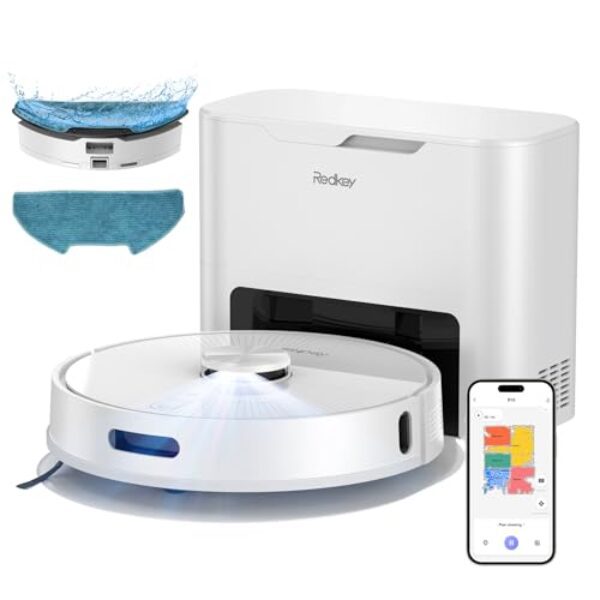 Redkey R10 Aspirateur Robot avec Station de Vidange, Fonction Lavage Auto-Nettoyant 90 Jours, Réservoir d'eau 350 ML, 4000 Pa, Navigation LDS pour Tapis, Poils d'animaux et Sols Durs